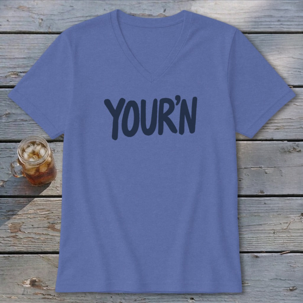 Blue v-neck t-shirt with "YOUR'N" printed in dark blue text.