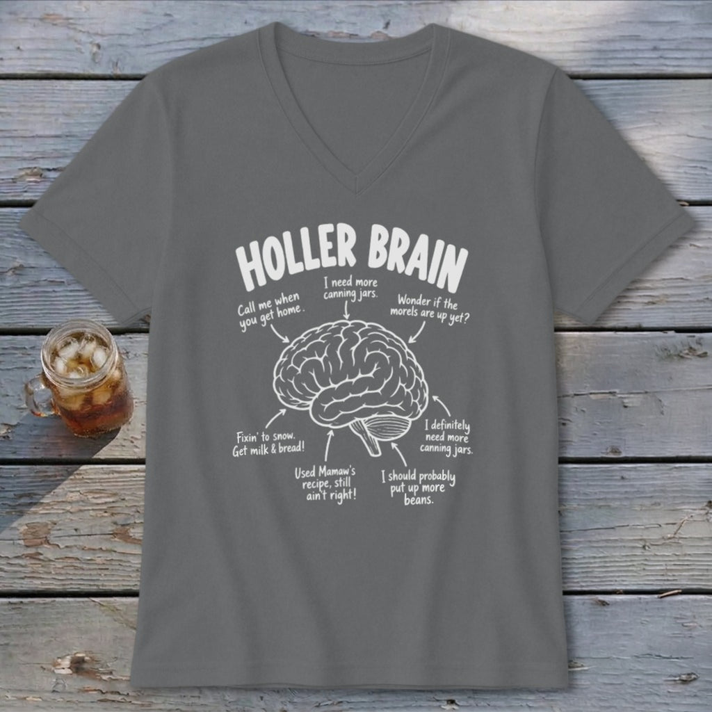 Holler Brain graphic on a gray t-shirt with brain and canning-related text.