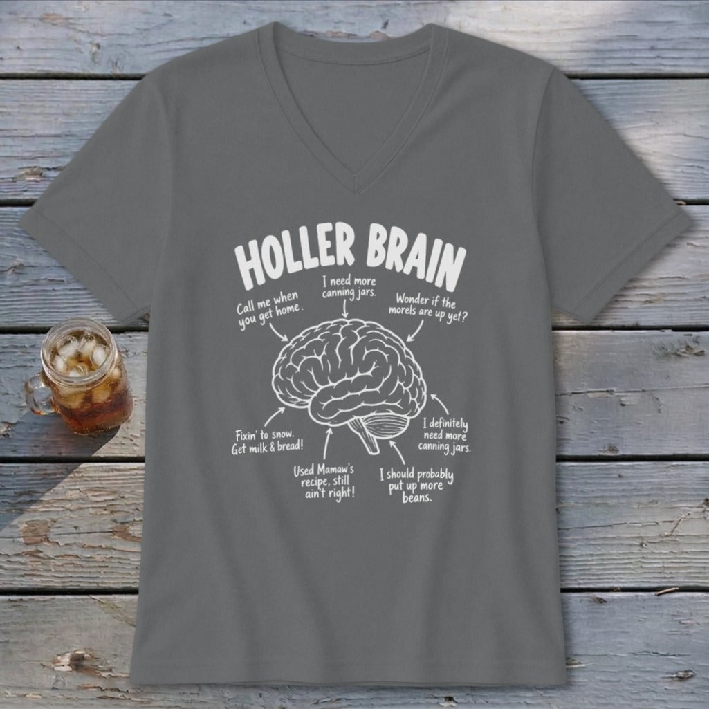 Holler Brain graphic on a gray t-shirt with brain and canning-related text.