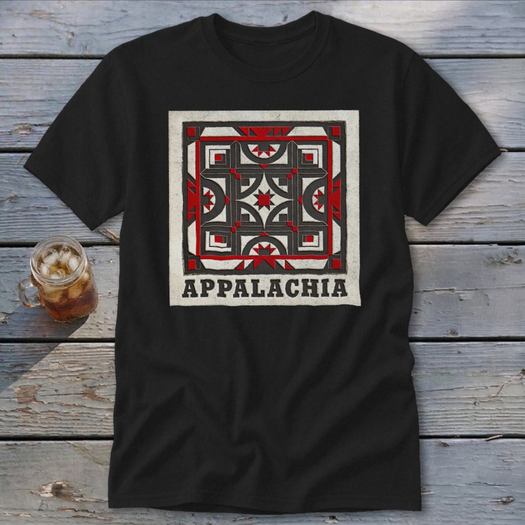 A black crewneck t-shirt featuring a geometric quilt block design and the word Appalachia below.