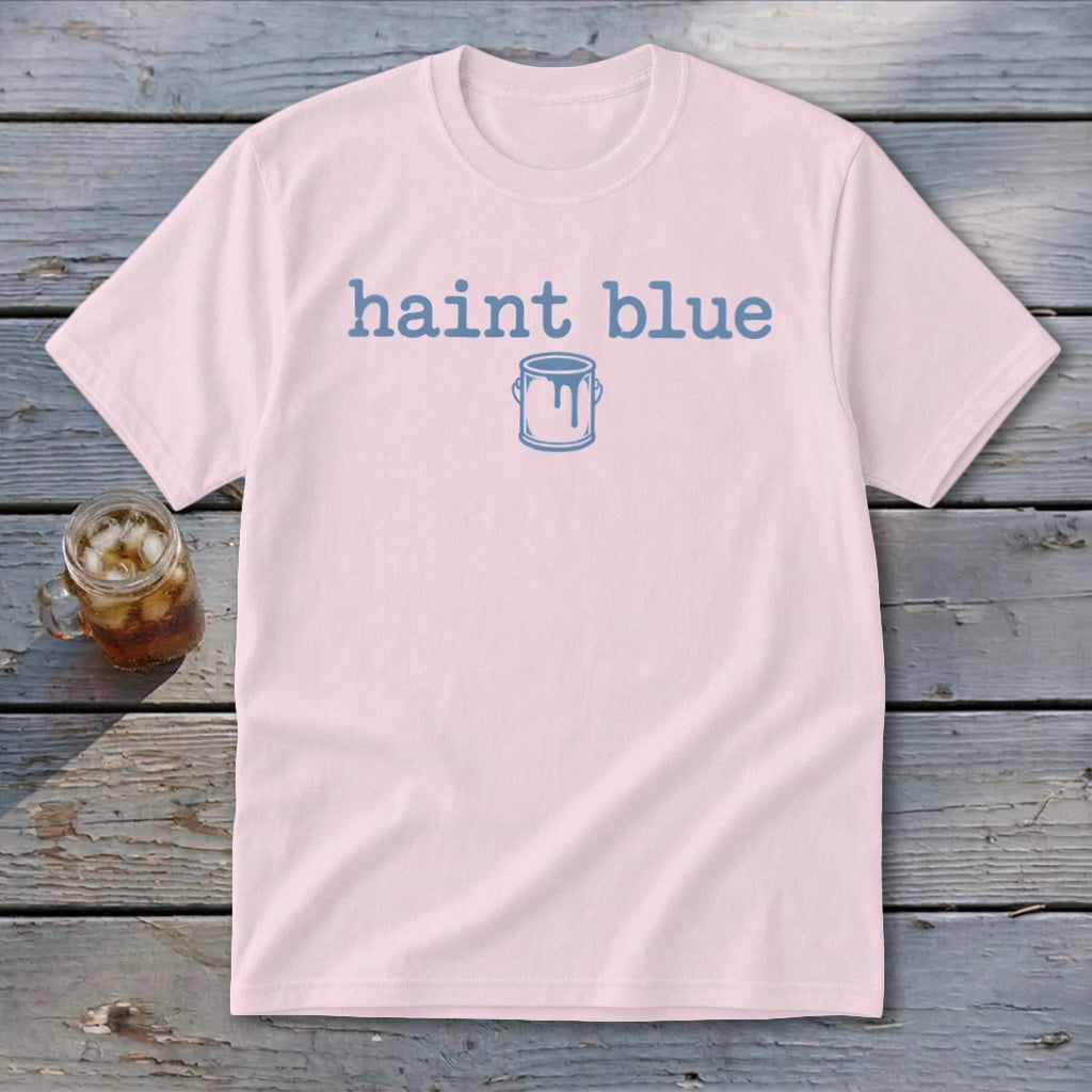 Pink t-shirt with "haint blue" text and paint can graphic.