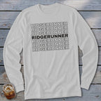 White long-sleeve shirt with "RIDGERUNNER" text repeated in black.