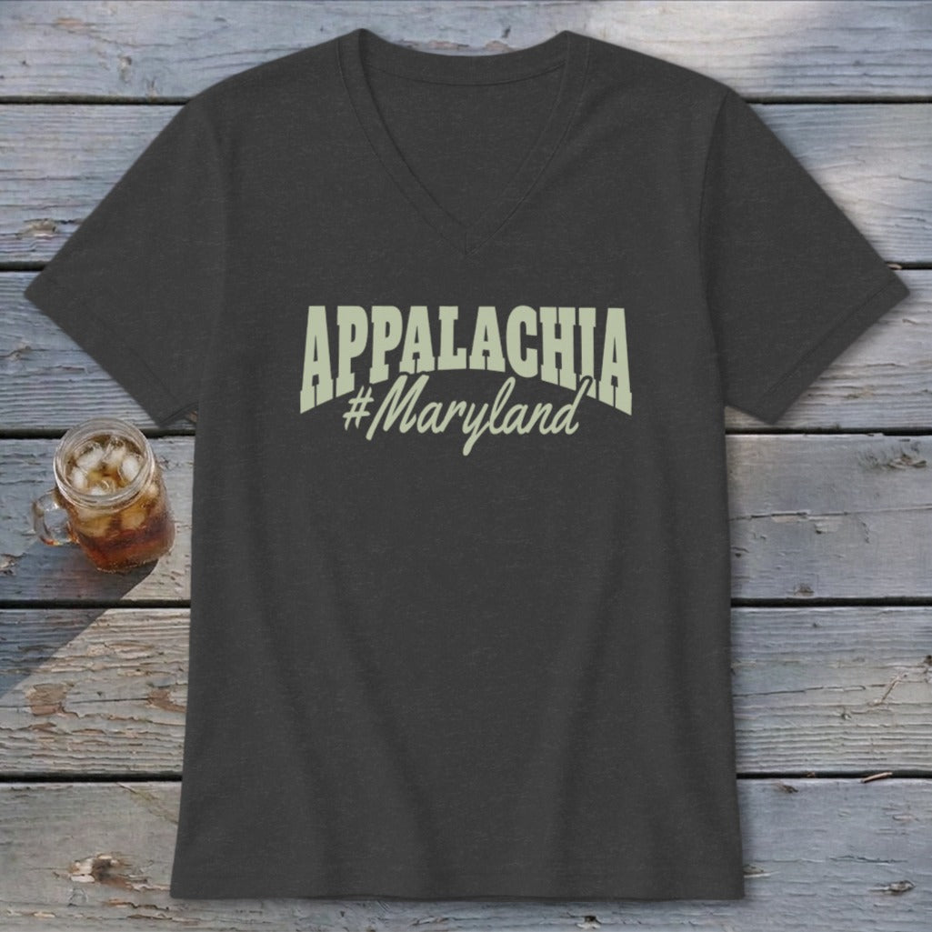 Dark grey v-neck t-shirt with "APPALACHIA #Maryland" text in pale green.
