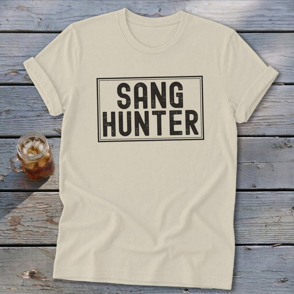 Cream t-shirt with black text reading "SANG HUNTER" inside a black rectangle.