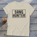 Cream t-shirt with black text reading "SANG HUNTER" inside a black rectangle.