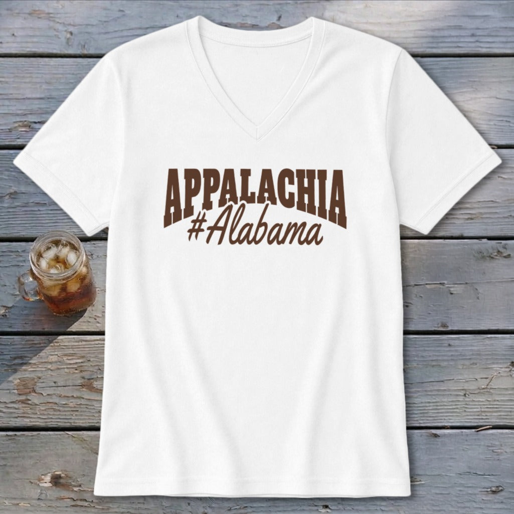 White v-neck t-shirt with "APPALACHIA #Alabama" text in brown.