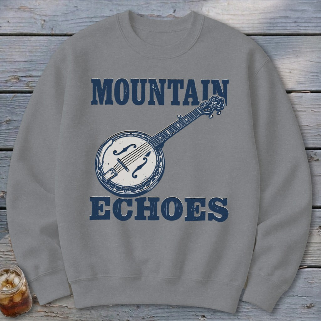 Gray crewneck sweatshirt featuring a blue graphic of a banjo and the text Mountain Echoes.