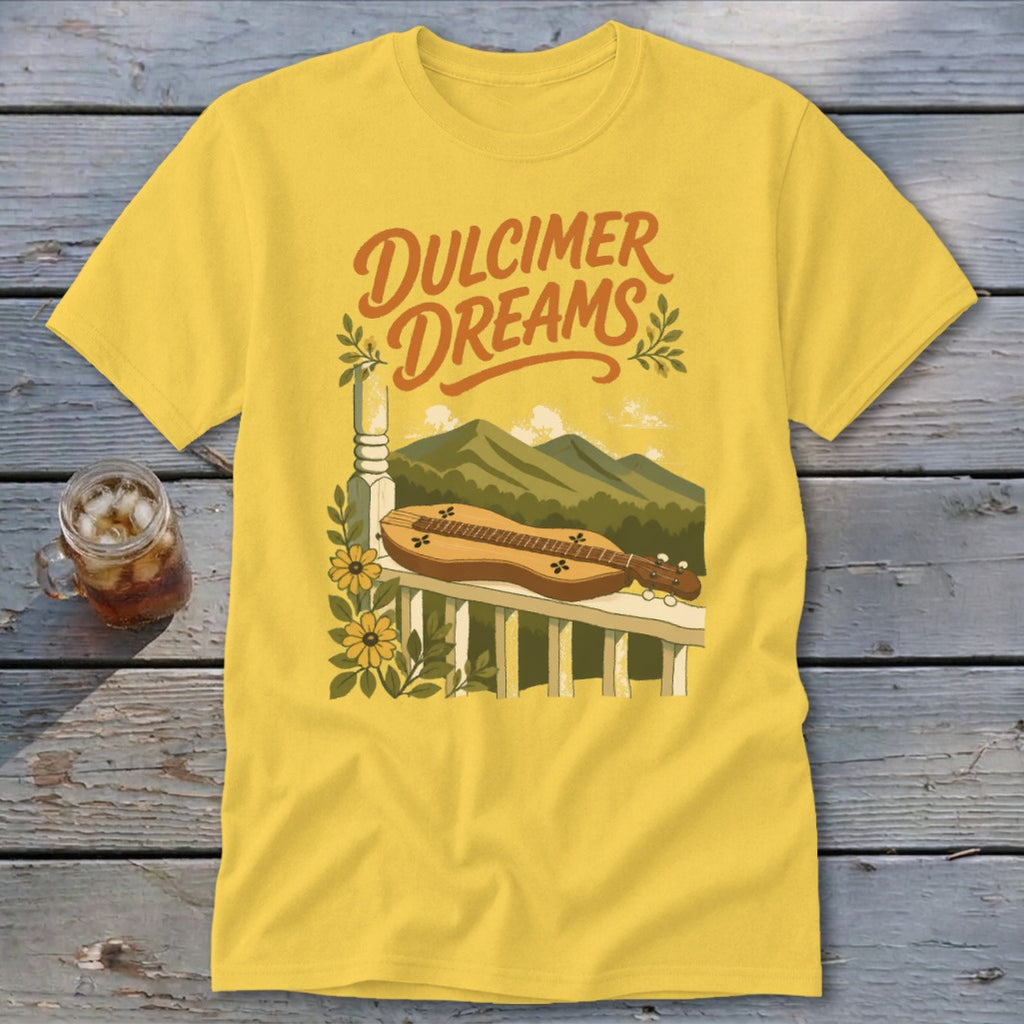 Yellow t-shirt with "Dulcimer Dreams" text and a dulcimer on a porch.
