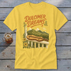 Yellow t-shirt with "Dulcimer Dreams" text and a dulcimer on a porch.