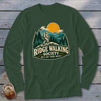 Long sleeve shirt with "Ridge Walking Society" text and hiking graphic.