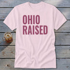 Pink t-shirt with "OHIO RAISED" in maroon text.
