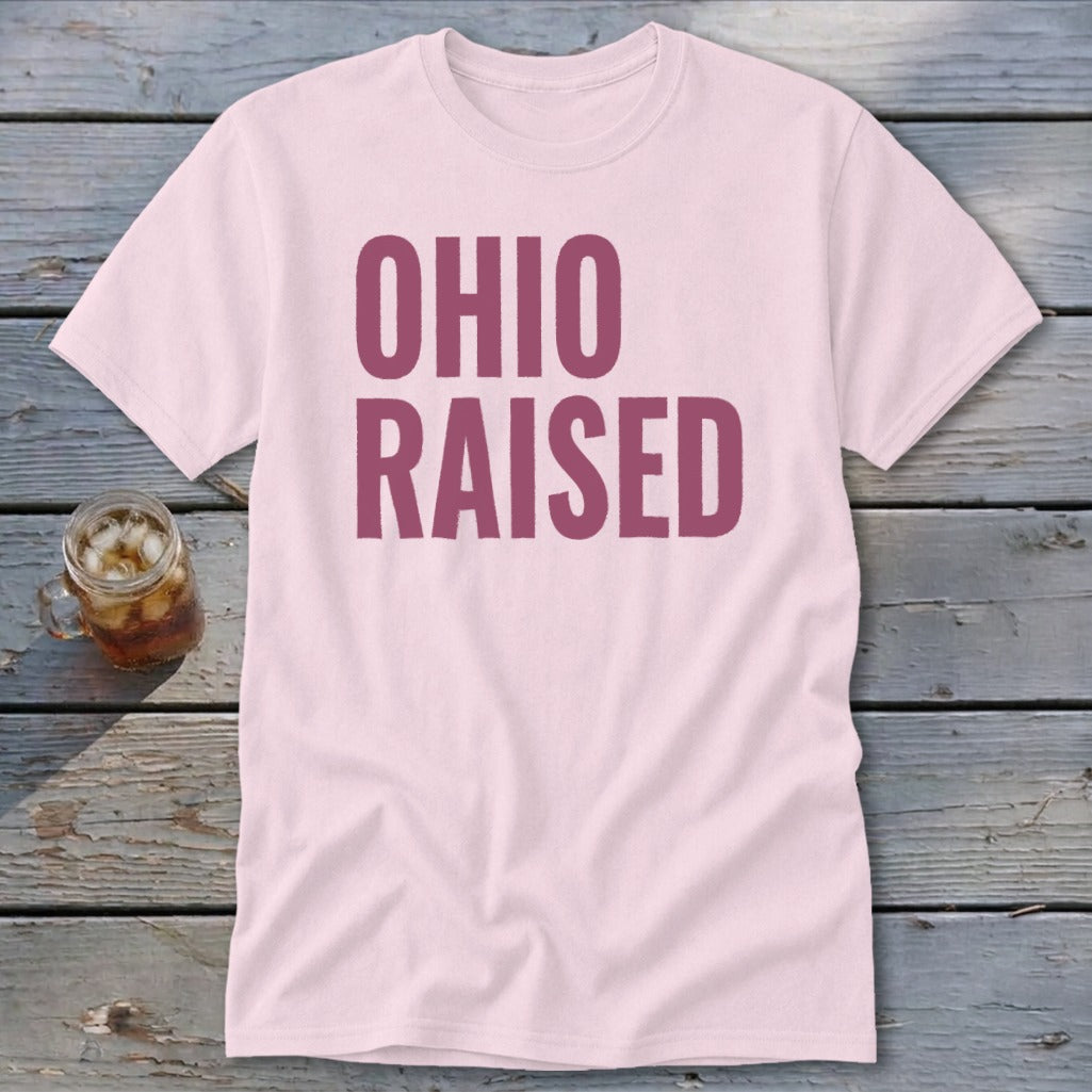 Pink t-shirt with "OHIO RAISED" in maroon text.