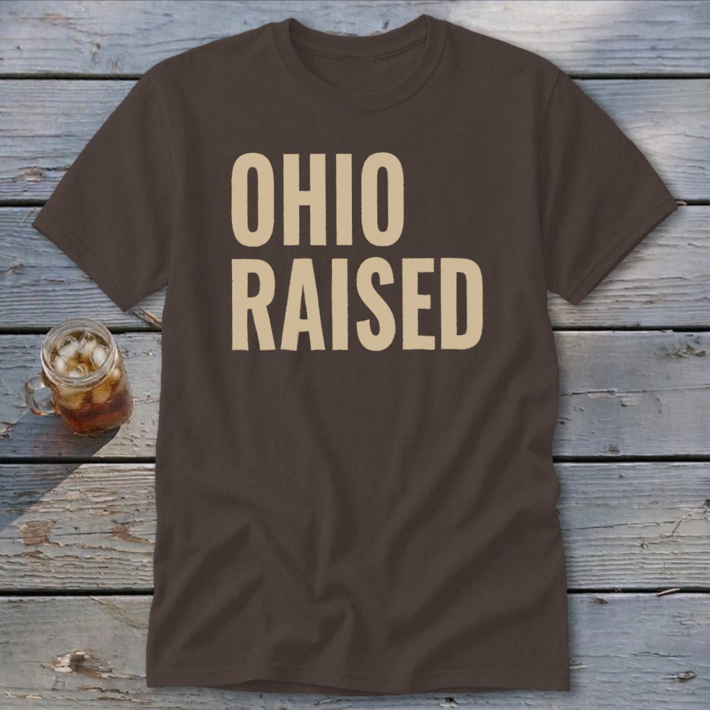 Brown t-shirt with "OHIO RAISED" in large beige text