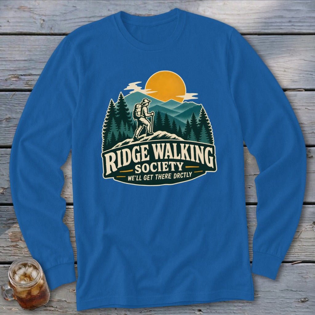 Blue long-sleeve shirt with "Ridge Walking Society" graphic featuring hiker and mountains.