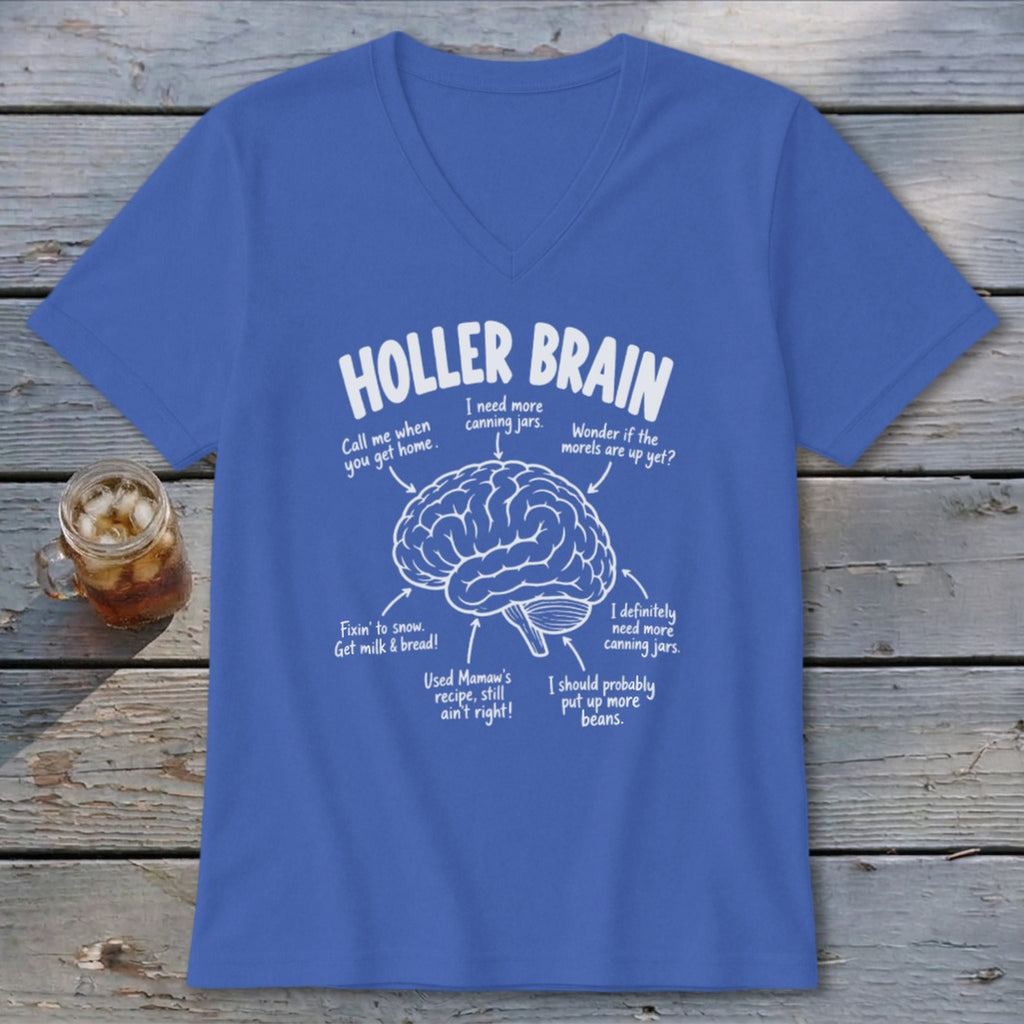 Royal blue v-neck shirt with "Holler Brain" and a brain graphic with related text.