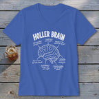 Royal blue v-neck shirt with "Holler Brain" and a brain graphic with related text.