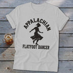 Light gray t-shirt with black text reading Appalachian Flatfoot Dancer and a dancing female silhouette.