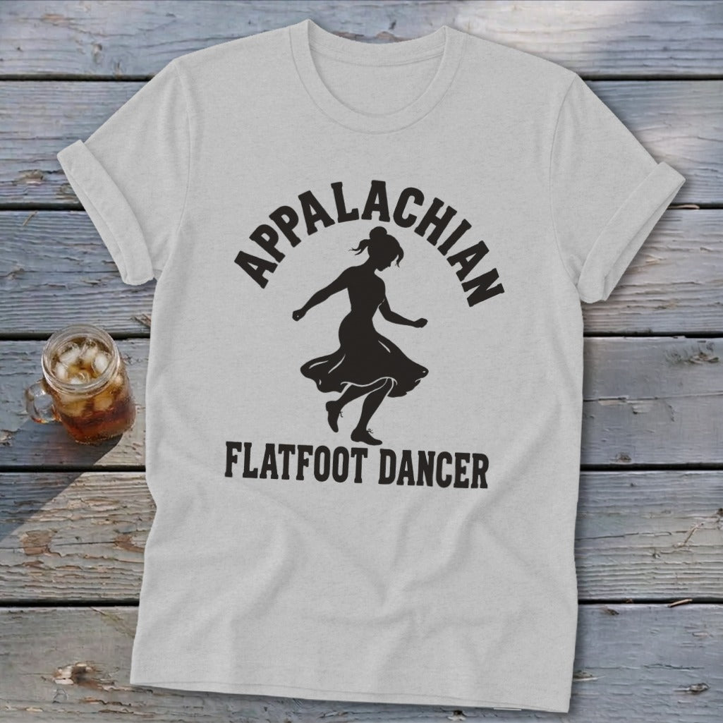 Light gray t-shirt with black text reading Appalachian Flatfoot Dancer and a dancing female silhouette.
