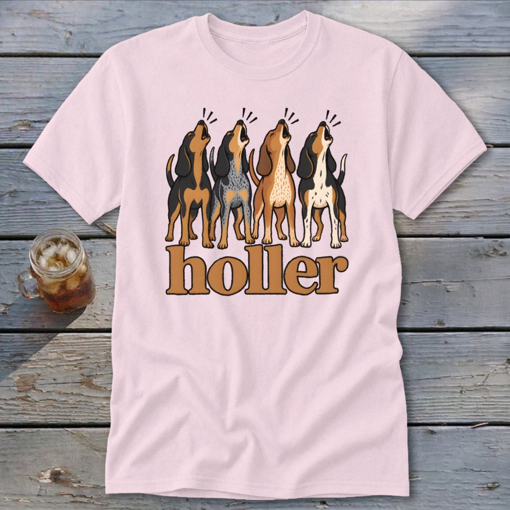 Pink t-shirt with four howling hounds and the word "holler" below.