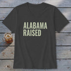 Dark grey v-neck t-shirt with "ALABAMA RAISED" in light yellow block letters.