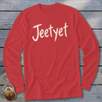Red long-sleeve t-shirt with "Jeetyet" in white cursive text.