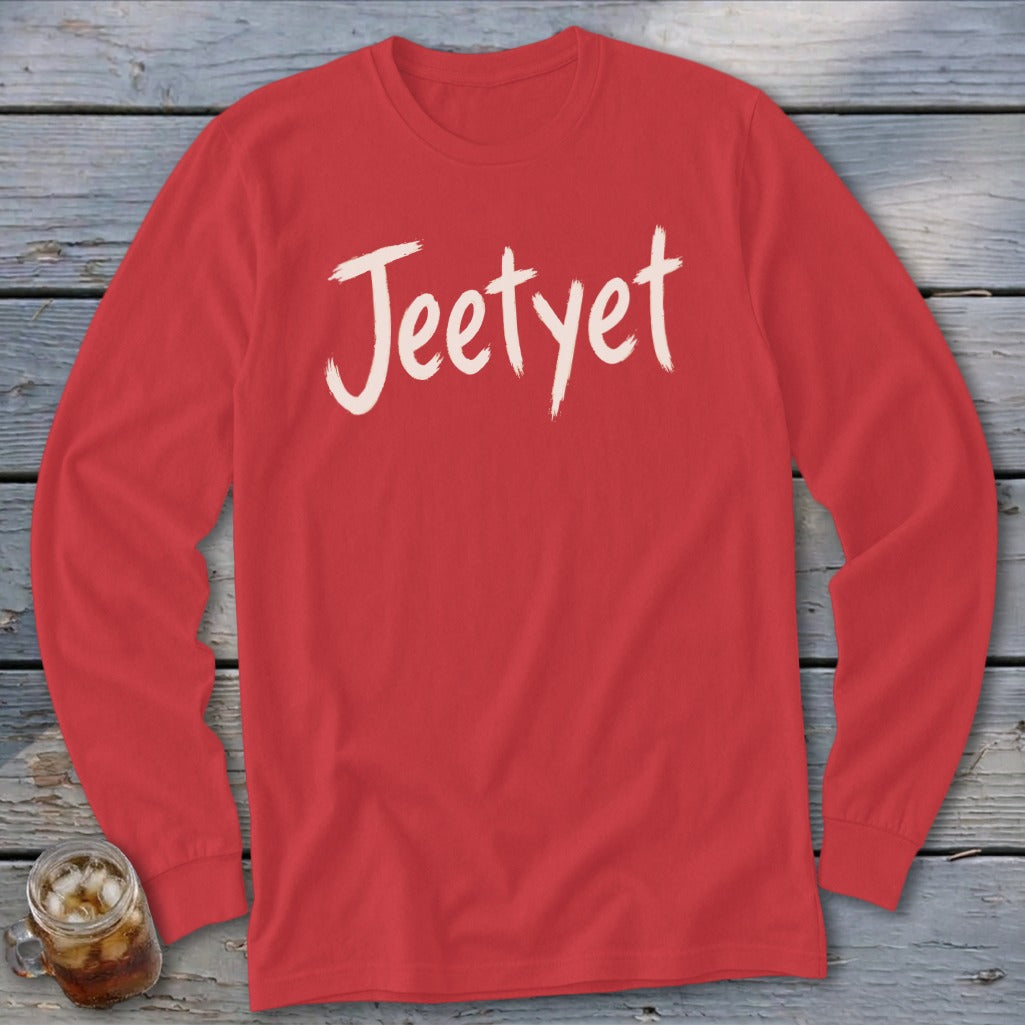 Red long-sleeve t-shirt with "Jeetyet" in white cursive text.