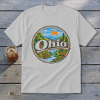 White t-shirt with circular Ohio landscape graphic and deer.