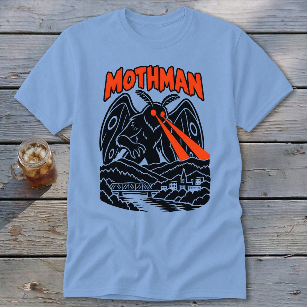 Light blue t-shirt with black and orange Mothman graphic and "MOTHMAN" text.