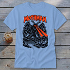 Light blue t-shirt with black and orange Mothman graphic and "MOTHMAN" text.