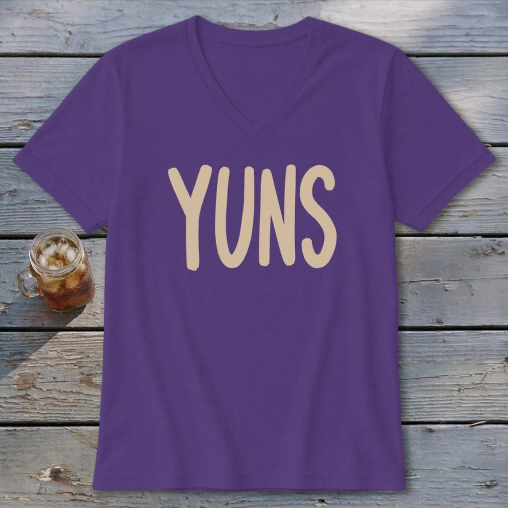 Purple v-neck t-shirt with tan text "YUNS" on the front.
