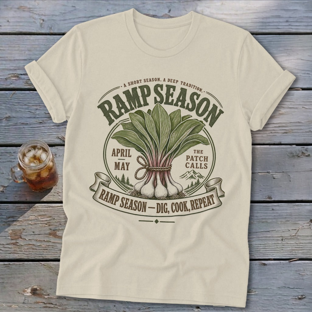 Cream t-shirt with "Ramp Season" graphic featuring ramps, April, May, and mountains.