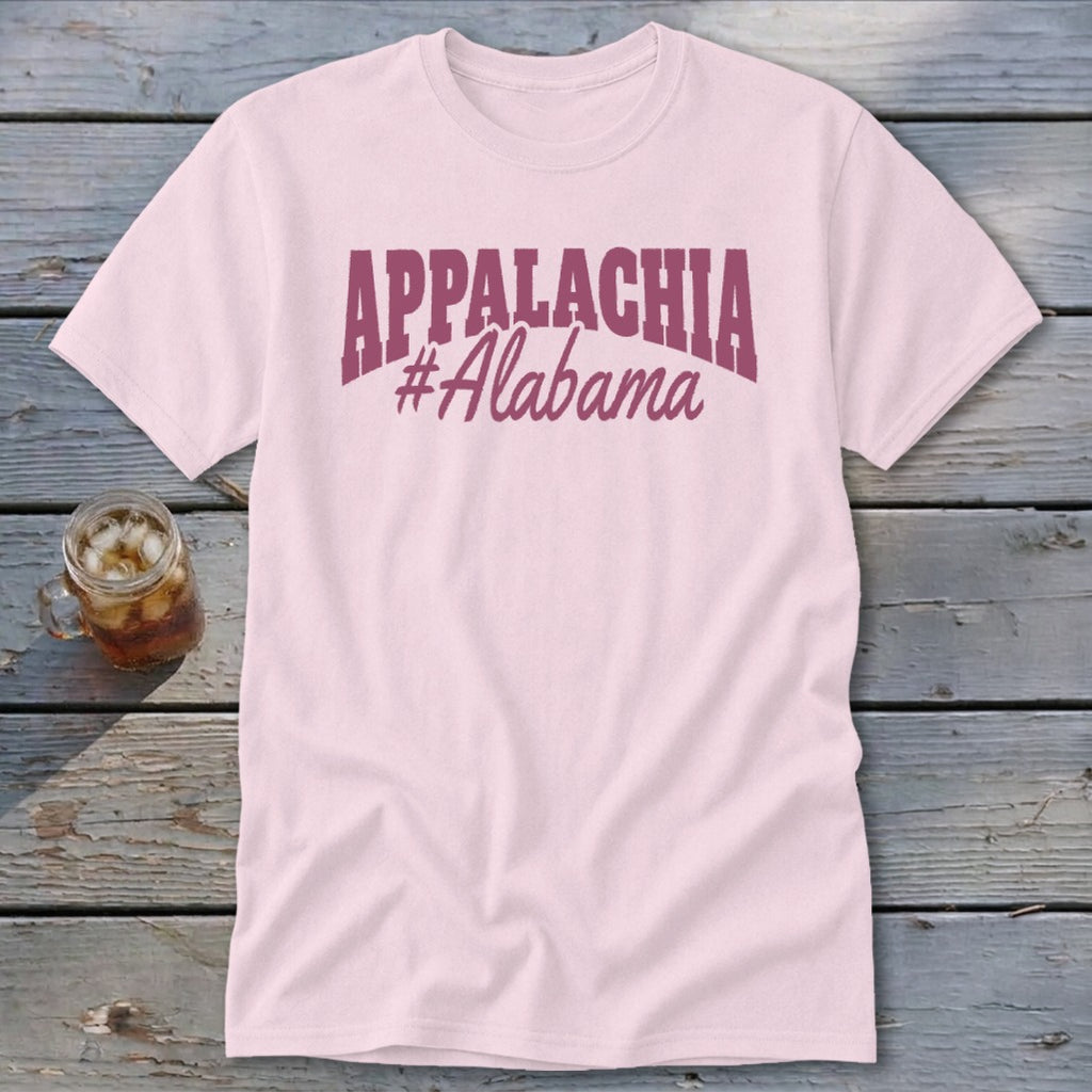 Pink t-shirt with "Appalachia #Alabama" in maroon text.