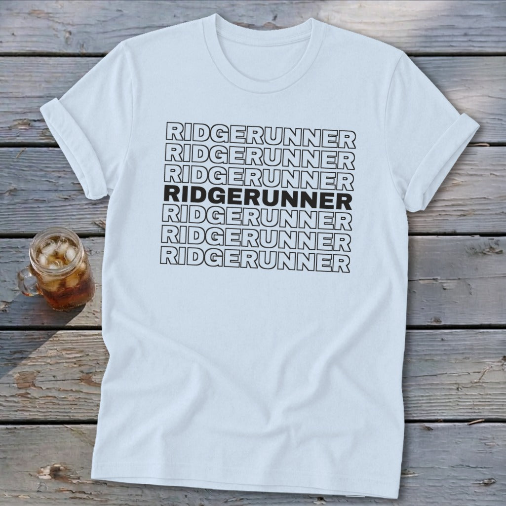 White t-shirt with repeated "RIDGERUNNER" text, one line in bold.