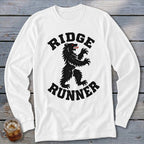 White long-sleeve shirt with black "RIDGE RUNNER" text and a bear graphic.