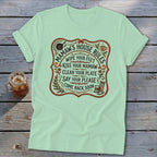Light green t-shirt with "Mamaw's House Rules" graphic.