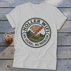 White t-shirt with "Holler Wifi, No Signal, No Problem" text and mountain graphic.