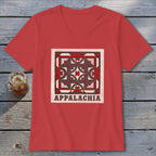 A red V-neck t-shirt featuring a square geometric graphic and the text Appalachia.