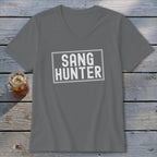 Gray v-neck t-shirt with white "SANG HUNTER" text in a rectangle.