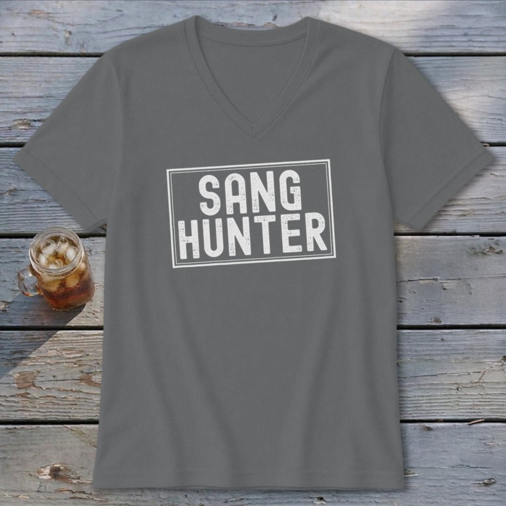 Gray v-neck t-shirt with white "SANG HUNTER" text in a rectangle.