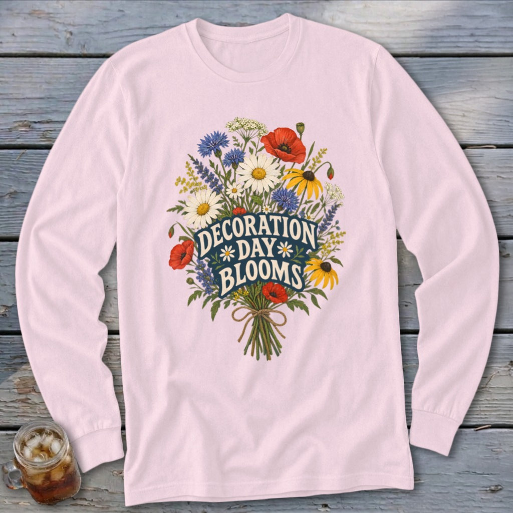 Pink long-sleeve shirt with "Decoration Day Blooms" text and floral bouquet graphic.