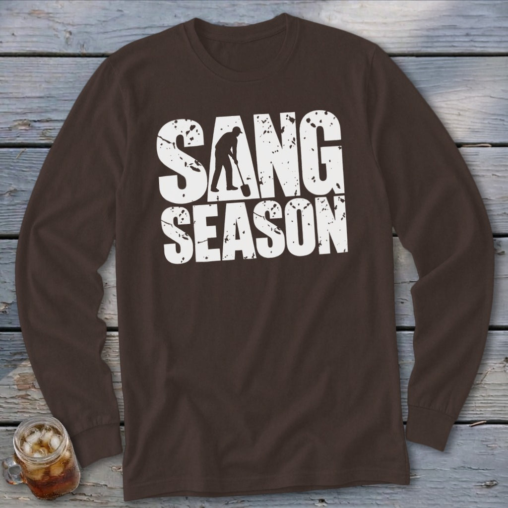 Brown long-sleeve t-shirt with white distressed text reading "SANG SEASON" and a digger graphic.