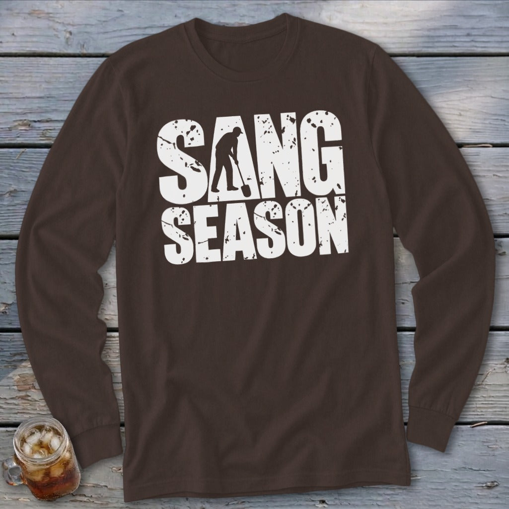 Brown long-sleeve t-shirt with white distressed text reading "SANG SEASON" and a digger graphic.