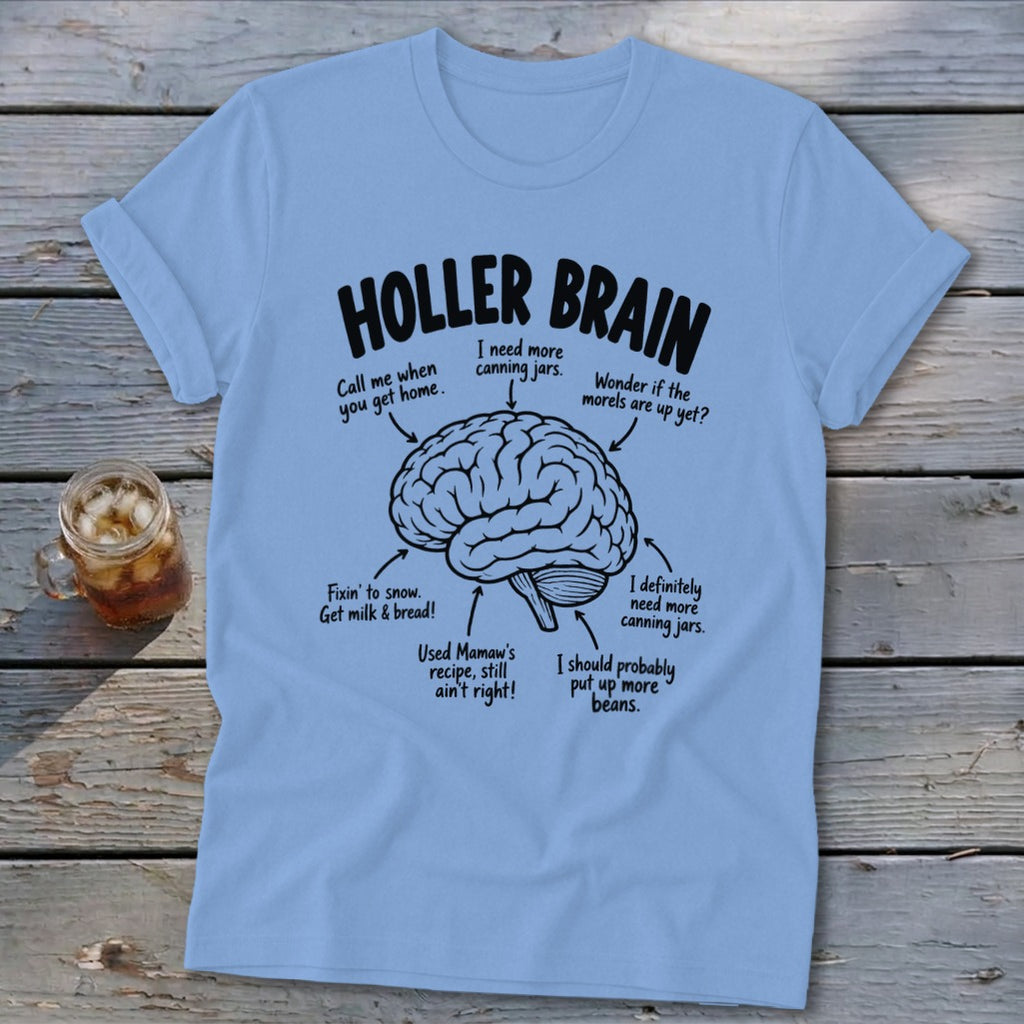 Light blue t-shirt with "HOLLER BRAIN" and a diagram of a brain with humorous captions.