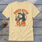 Bear wearing a hat drinking a beverage, text "Porch Sittin' Club -est. after supper-"