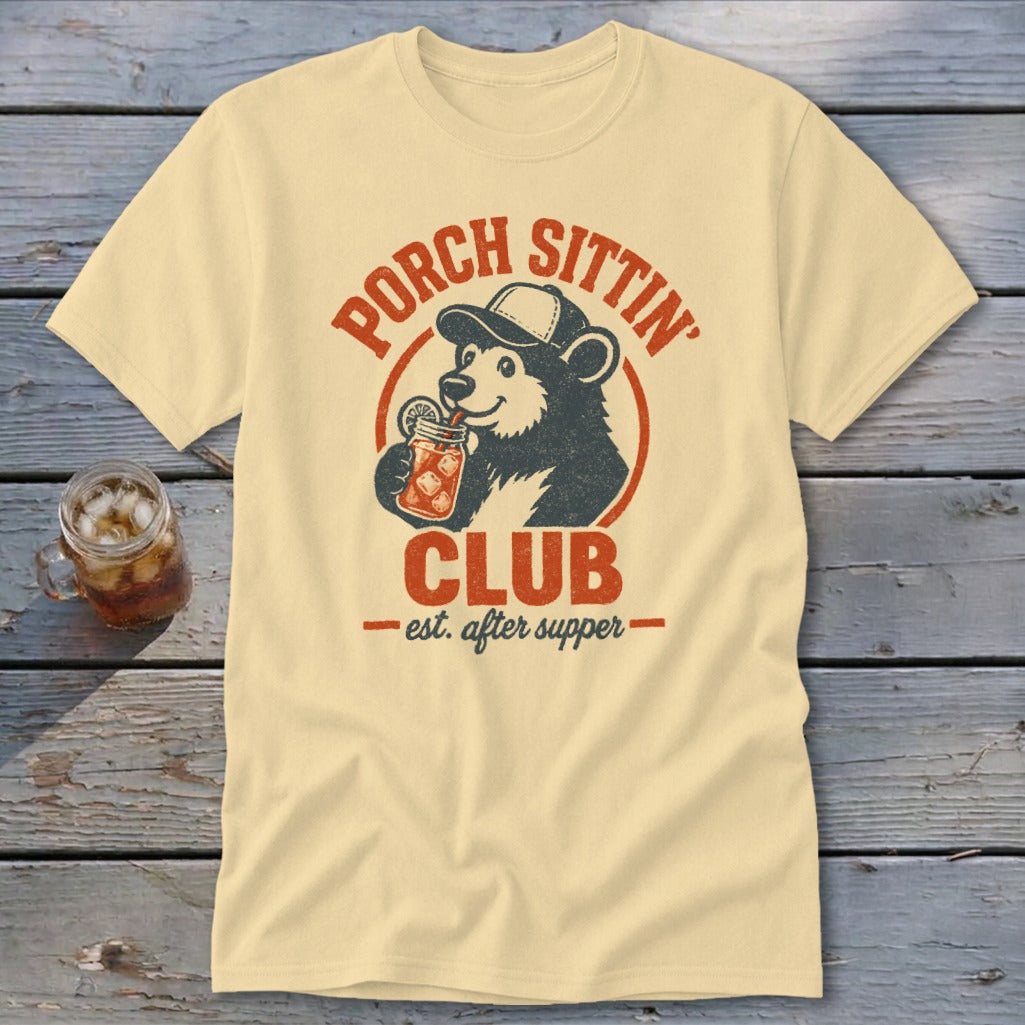 Bear wearing a hat drinking a beverage, text "Porch Sittin' Club -est. after supper-"