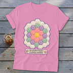 Pink t-shirt with a hexagon patchwork flower design and "Grandmother's Flower Garden" text.