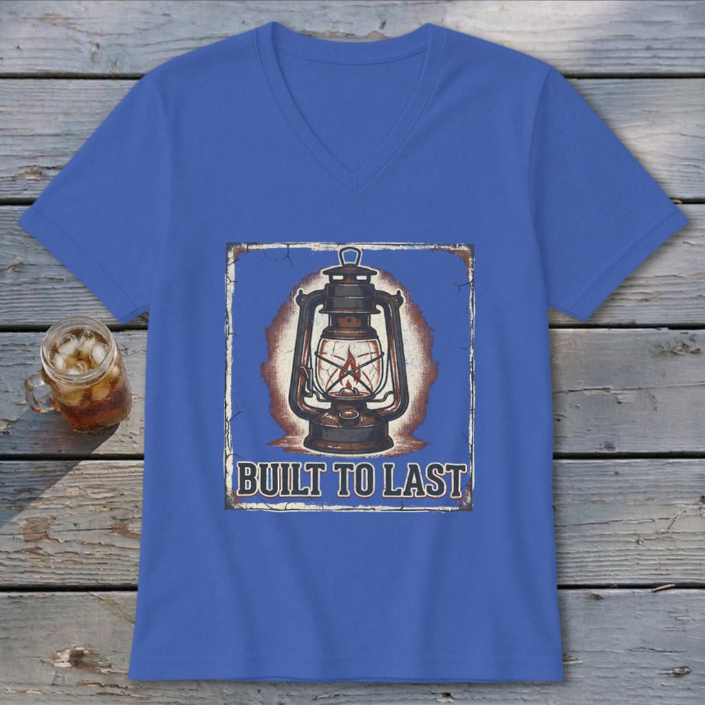 Blue t-shirt with antique lantern graphic and text "BUILT TO LAST".