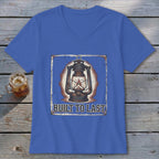 Blue t-shirt with antique lantern graphic and text "BUILT TO LAST".