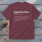 Maroon t-shirt featuring white text that defines Appalachia as some of the oldest mountains on earth.