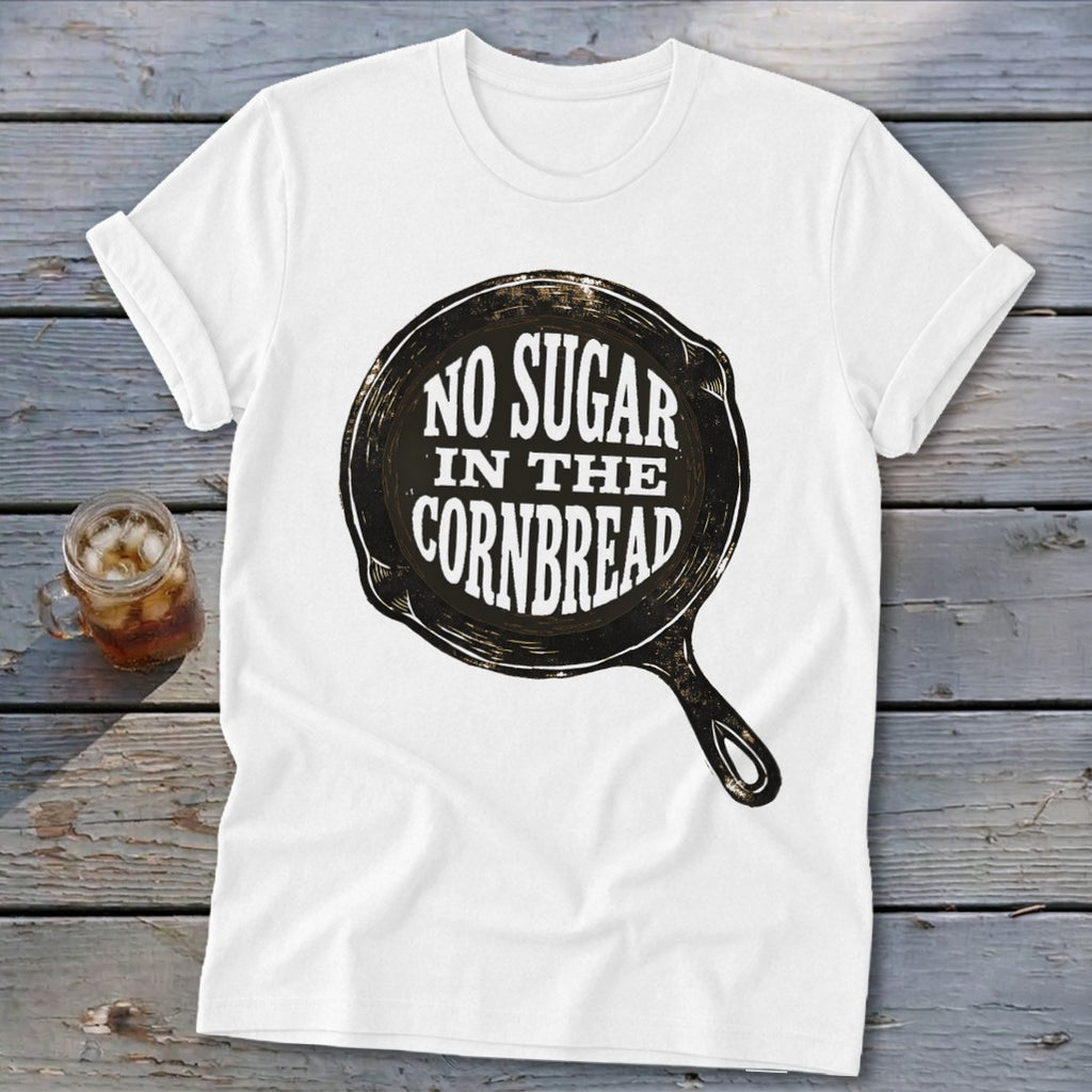 White t-shirt with a cast iron skillet graphic reading "NO SUGAR IN THE CORNBREAD".